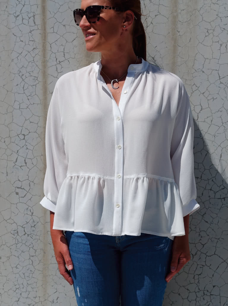 Blossom Woven Top By Style Arc - Square-shaped button-through top sewing pattern featuring a dolman sleeve and gathered peplum