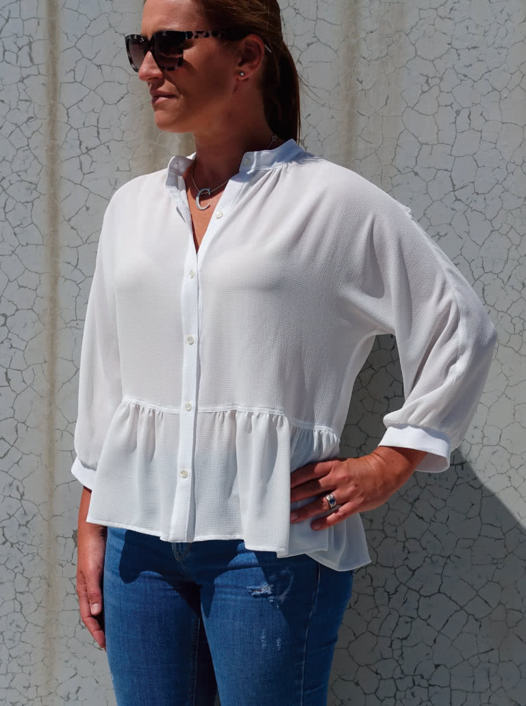 Blossom Woven Top By Style Arc - Square-shaped button-through top sewing pattern featuring a dolman sleeve and gathered peplum