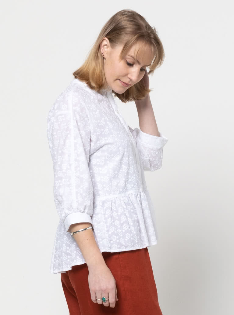 Blossom Woven Top By Style Arc - Square-shaped button-through top sewing pattern featuring a dolman sleeve and gathered peplum