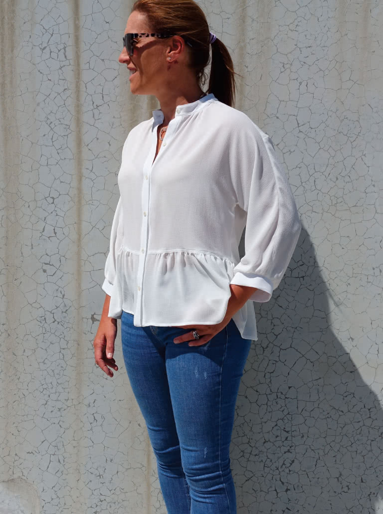 Blossom Woven Top By Style Arc - Square-shaped button-through top sewing pattern featuring a dolman sleeve and gathered peplum