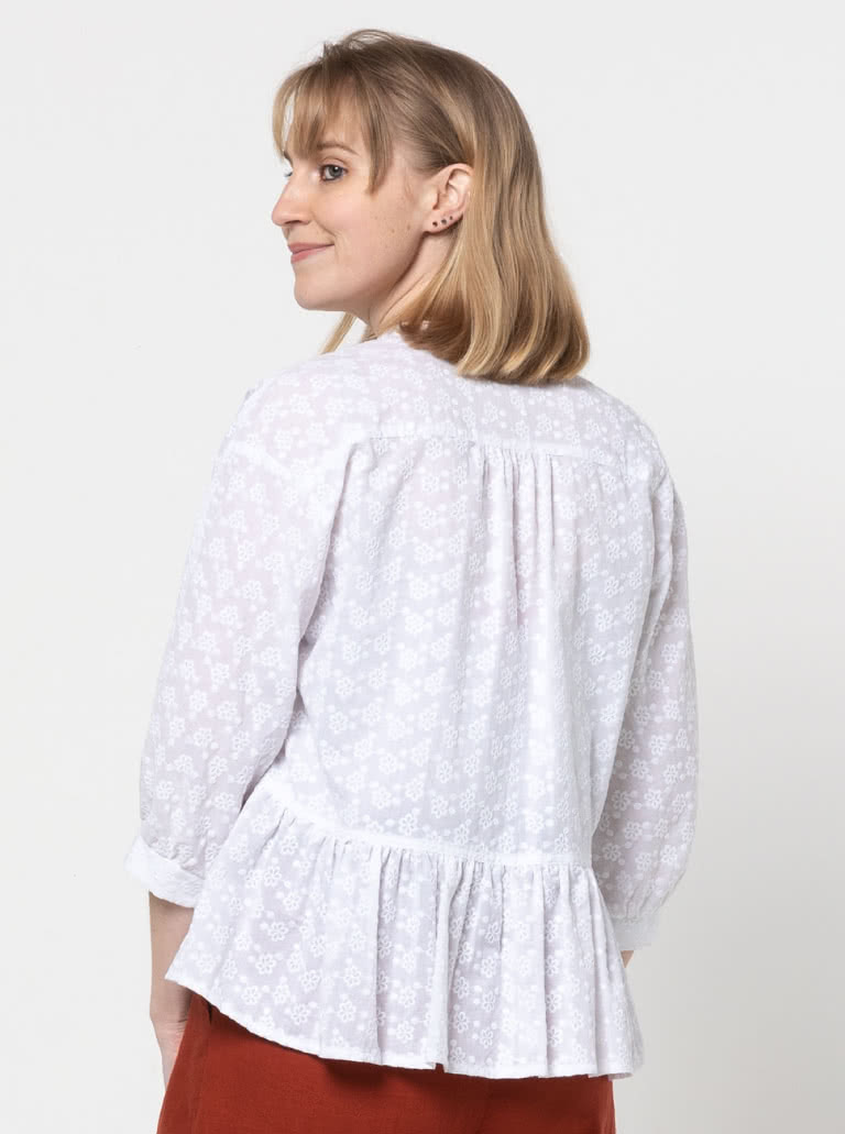 Blossom Woven Top By Style Arc - Square-shaped button-through top sewing pattern featuring a dolman sleeve and gathered peplum