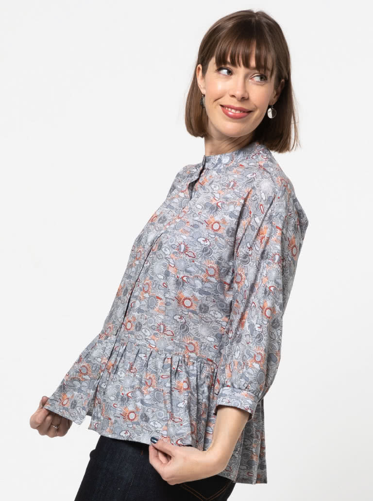 Blossom Woven Top By Style Arc - Square-shaped button-through top sewing pattern featuring a dolman sleeve and gathered peplum