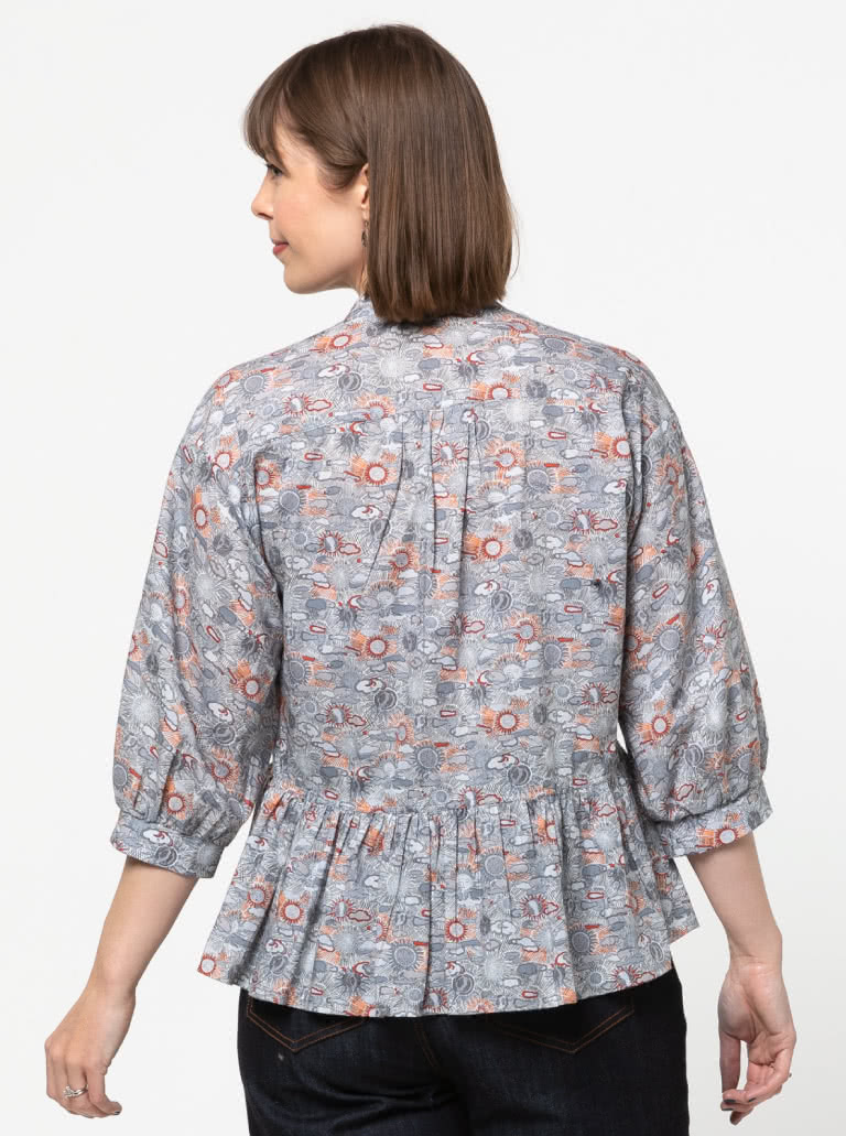 Blossom Woven Top By Style Arc - Square-shaped button-through top sewing pattern featuring a dolman sleeve and gathered peplum