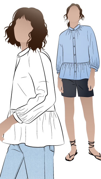 Blossom Woven Top By Style Arc - Square-shaped button-through top sewing pattern featuring a dolman sleeve and gathered peplum