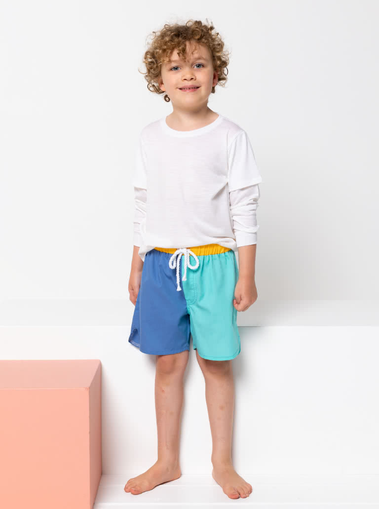 Bondi Kids Boardie By Style Arc - Elastic waist short with faux fly and cord ties.