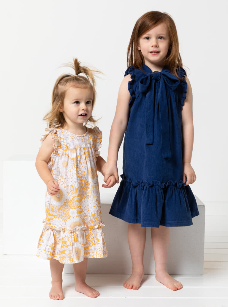 Bonnie Kids Dress By Style Arc - A-line swing dress with hem and sleeve frill, and optional peter pan collar attachment, for kids 2-8