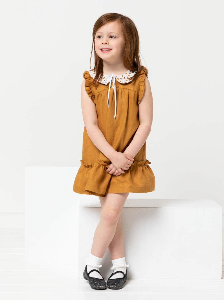 Bonnie Kids Dress By Style Arc - A-line swing dress with hem and sleeve frill, and optional peter pan collar attachment, for kids 2-8