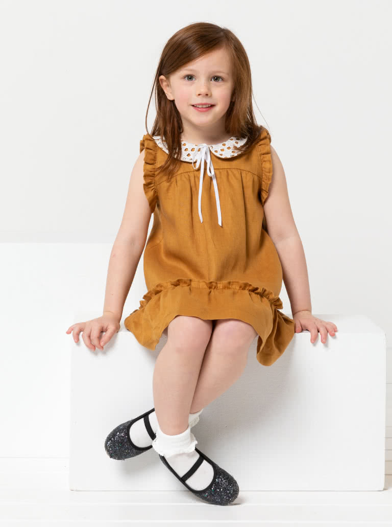 Bonnie Kids Dress By Style Arc - A-line swing dress with hem and sleeve frill, and optional peter pan collar attachment, for kids 2-8