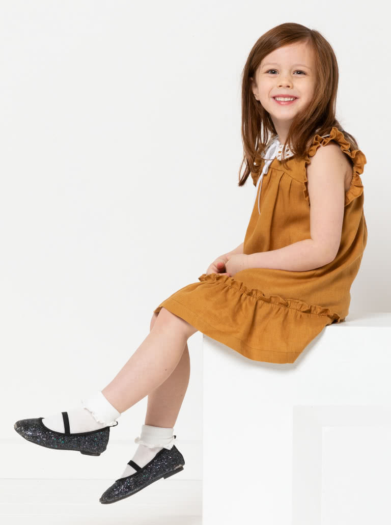 Bonnie Kids Dress By Style Arc - A-line swing dress with hem and sleeve frill, and optional peter pan collar attachment, for kids 2-8