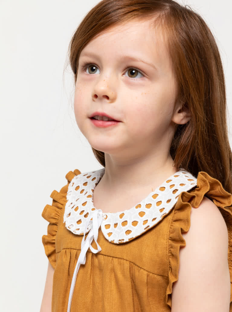 Bonnie Kids Dress By Style Arc - A-line swing dress with hem and sleeve frill, and optional peter pan collar attachment, for kids 2-8