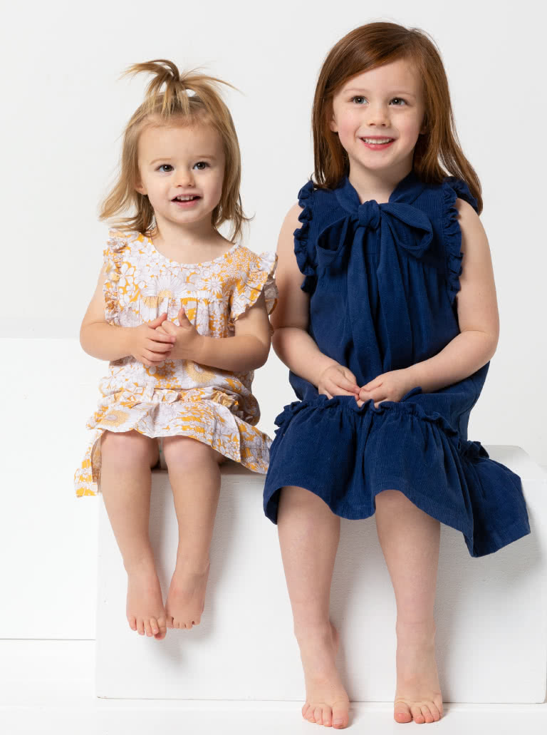 Bonnie Kids Dress By Style Arc - A-line swing dress with hem and sleeve frill, and optional peter pan collar attachment, for kids 2-8