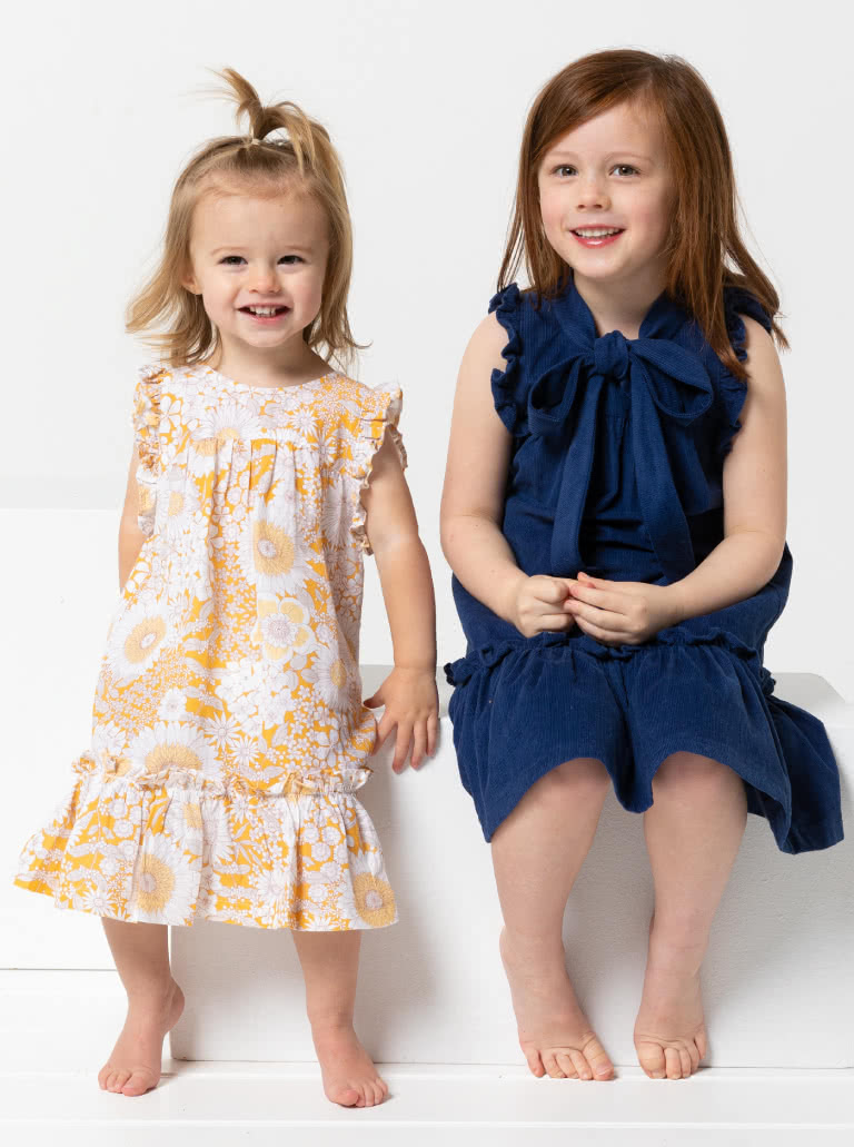 Bonnie Kids Dress By Style Arc - A-line swing dress with hem and sleeve frill, and optional peter pan collar attachment, for kids 2-8