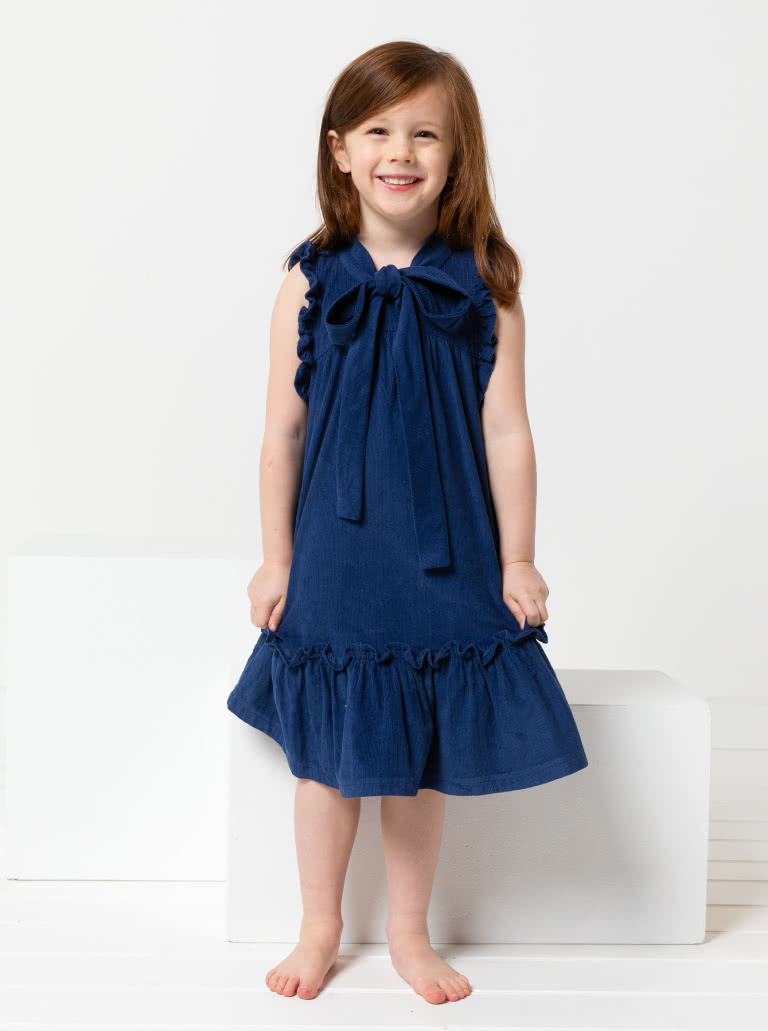 Bonnie Kids Dress By Style Arc - A-line swing dress with hem and sleeve frill, and optional peter pan collar attachment, for kids 2-8