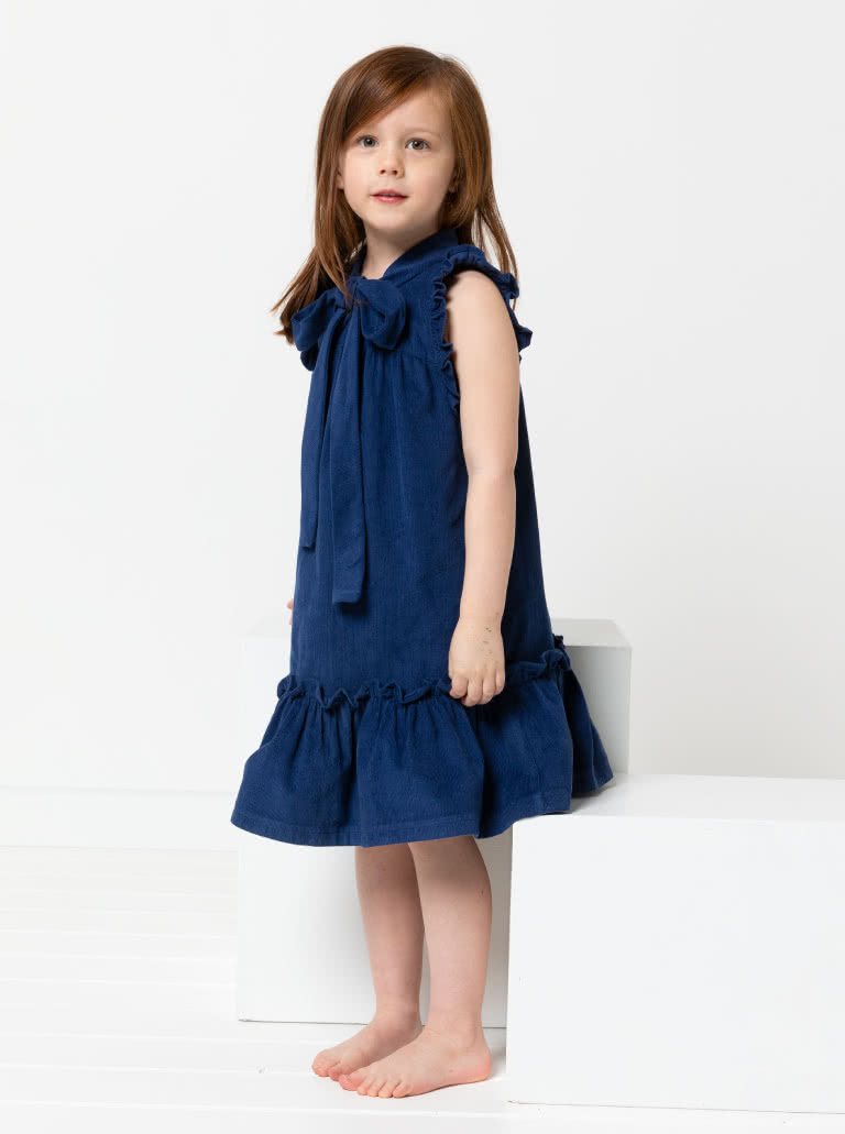 Bonnie Kids Dress By Style Arc - A-line swing dress with hem and sleeve frill, and optional peter pan collar attachment, for kids 2-8