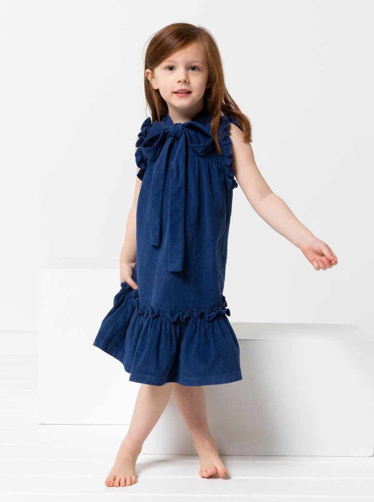 Bonnie Kids Dress By Style Arc - A-line swing dress with hem and sleeve frill, and optional peter pan collar attachment, for kids 2-8