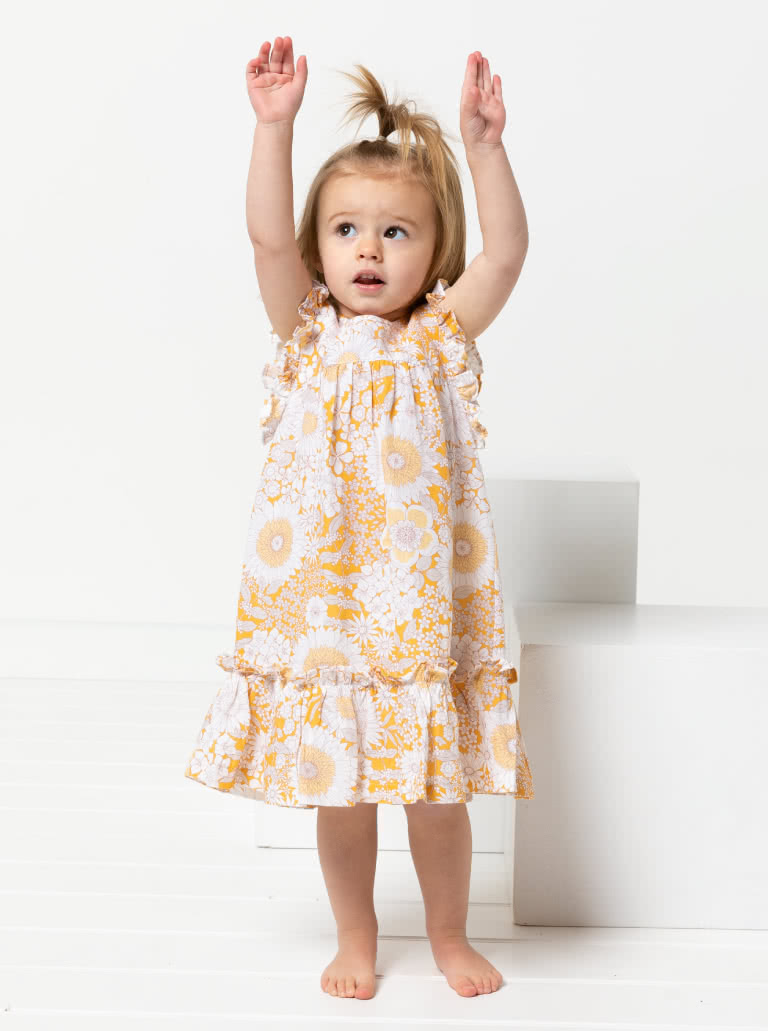 Bonnie Kids Dress By Style Arc - A-line swing dress with hem and sleeve frill, and optional peter pan collar attachment, for kids 2-8