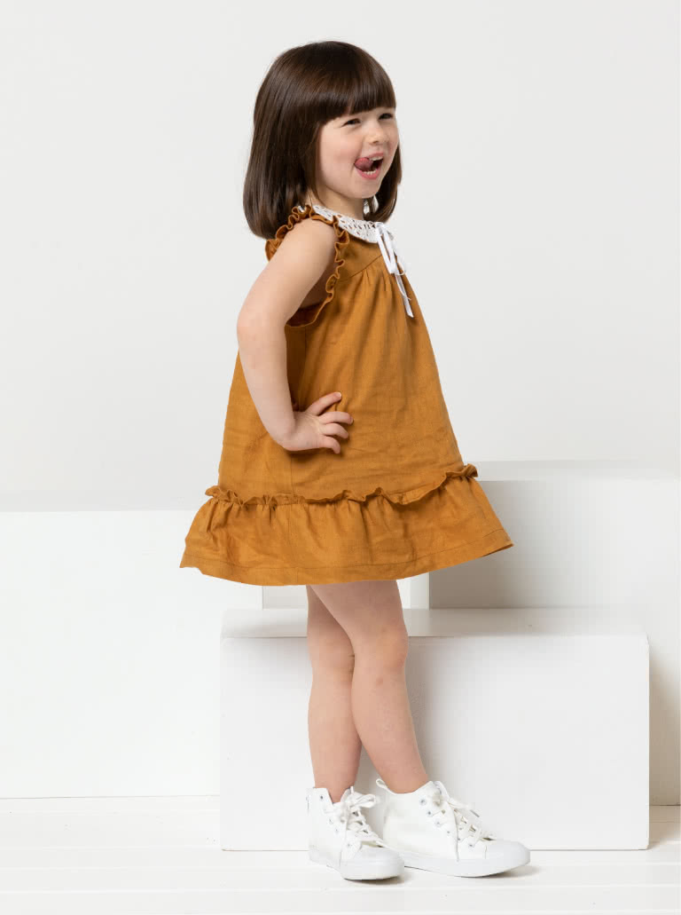 Bonnie Kids Dress By Style Arc - A-line swing dress with hem and sleeve frill, and optional peter pan collar attachment, for kids 2-8