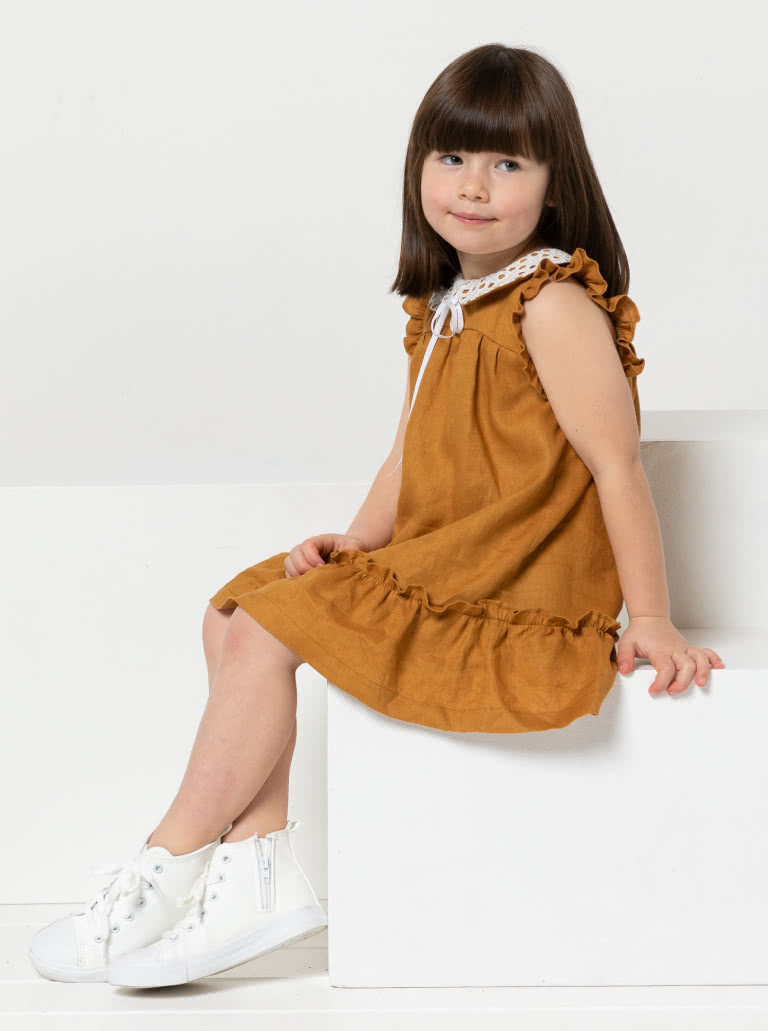 Bonnie Kids Dress By Style Arc - A-line swing dress with hem and sleeve frill, and optional peter pan collar attachment, for kids 2-8