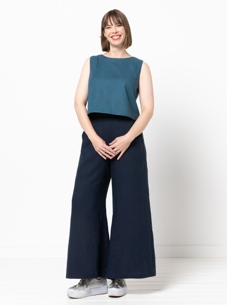 Bonnie Woven Tops By Style Arc - Two top options in the one pattern. 1 - Sleeveless swing shape top with a cropped length. 2 - A square shaped drop shoulder and longer length top. Both tops feature a round neck and functional back opening.