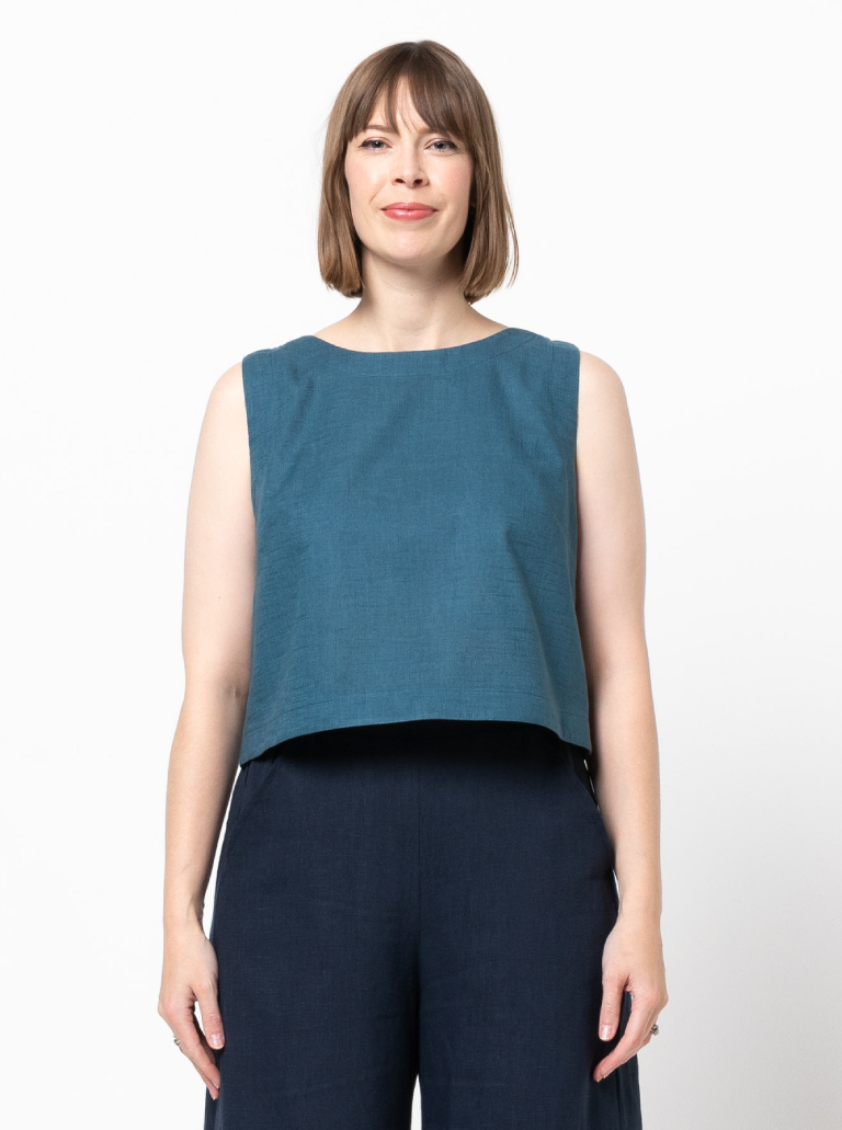 Bonnie Woven Tops By Style Arc - Two top options in the one pattern. 1 - Sleeveless swing shape top with a cropped length. 2 - A square shaped drop shoulder and longer length top. Both tops feature a round neck and functional back opening.