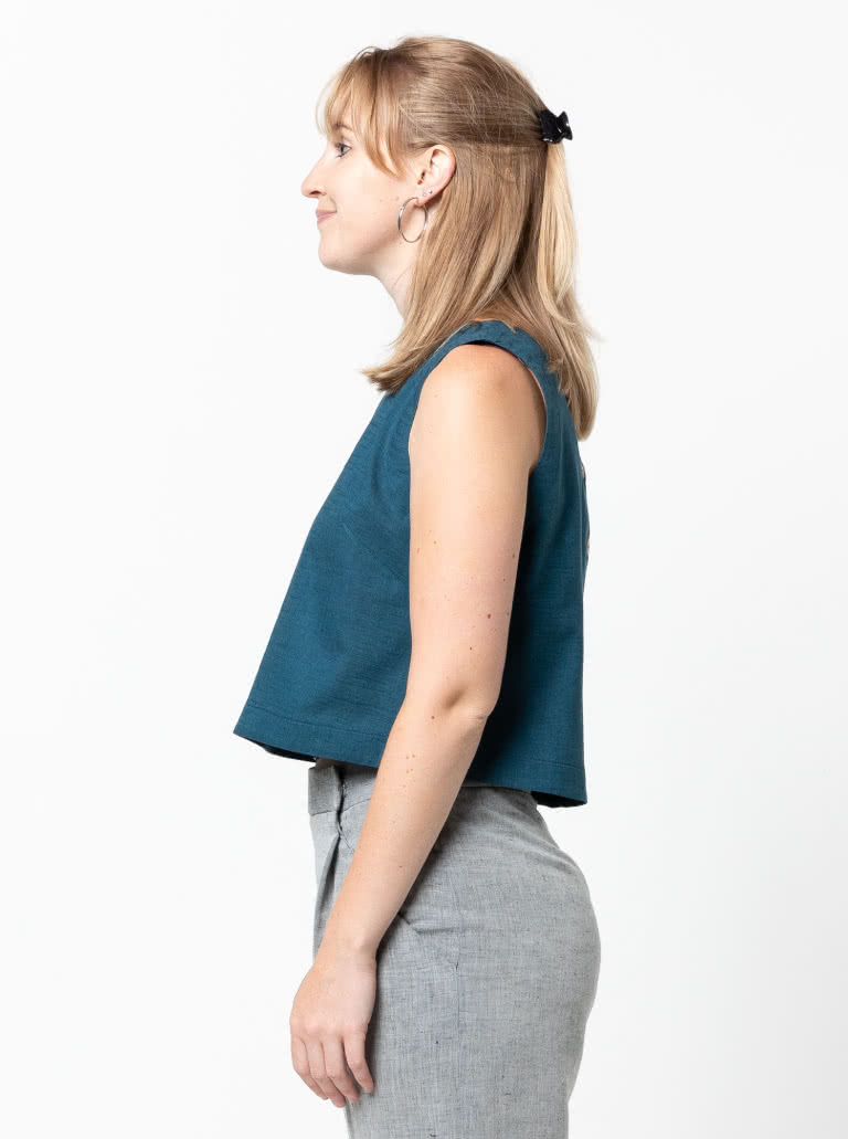 Bonnie Woven Tops By Style Arc - Two top options in the one pattern. 1 - Sleeveless swing shape top with a cropped length. 2 - A square shaped drop shoulder and longer length top. Both tops feature a round neck and functional back opening.