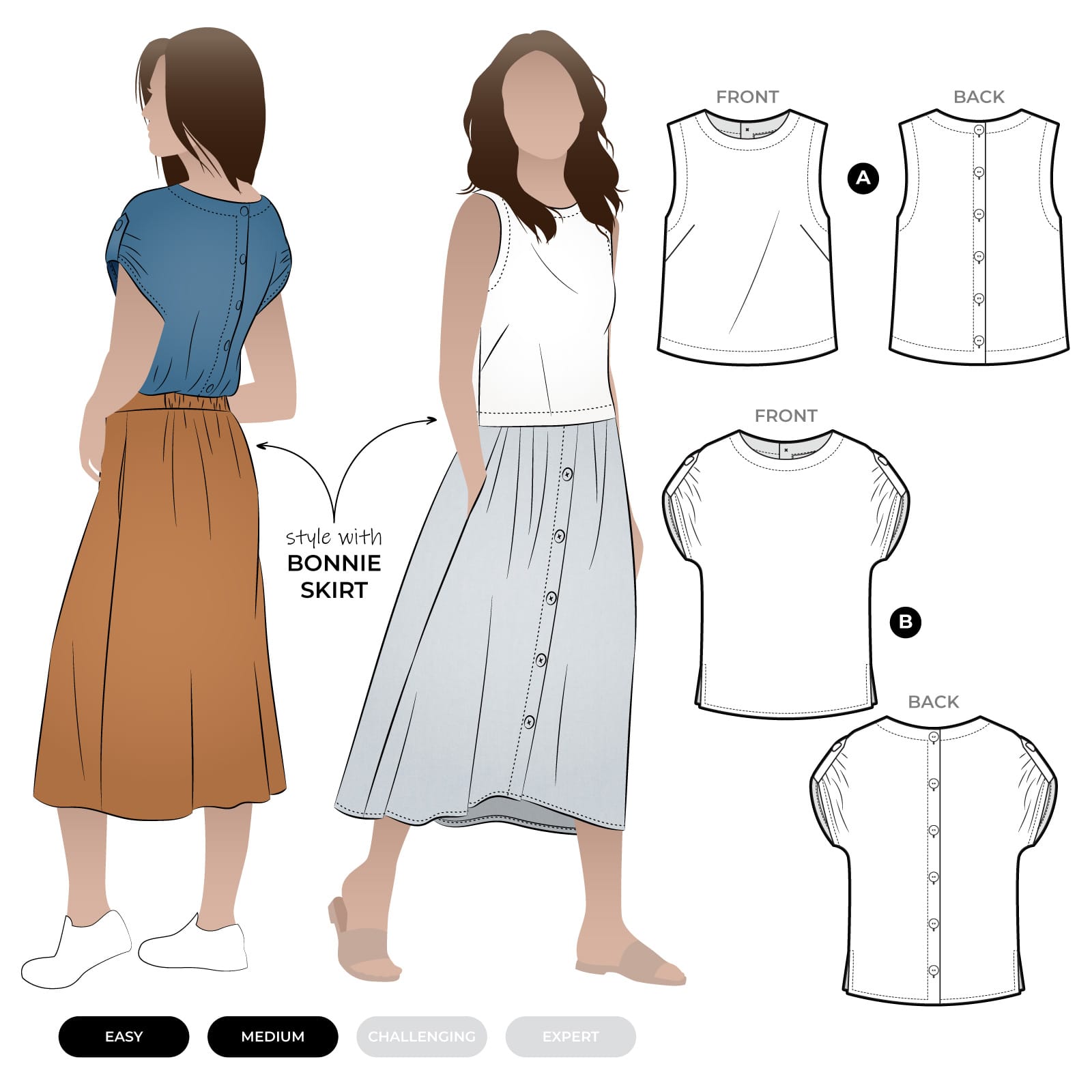 Bonnie Woven Tops Bonnie Woven Tops by Style Arc - Two top options in the one pattern! Top A, a sleeveless swing shaped top with a cropped length and Top B, a square shaped drop shoulder and longer length top. Both tops feature a round neck and functional back opening.