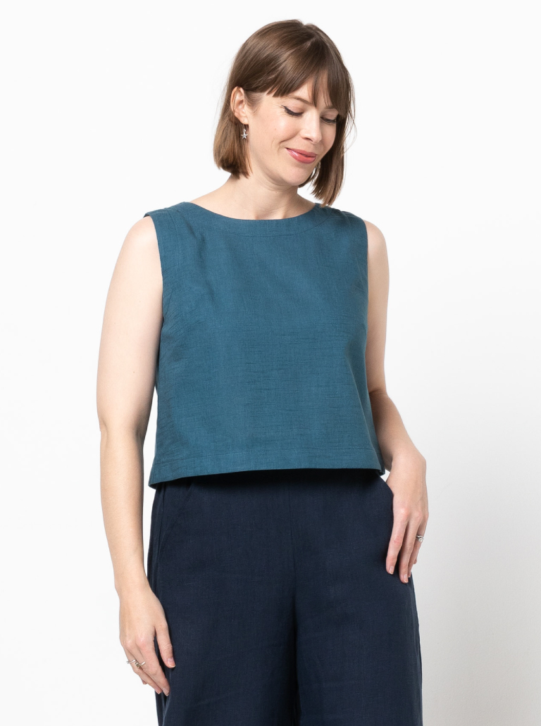 Bonnie Woven Tops By Style Arc - Two top options in the one pattern. 1 - Sleeveless swing shape top with a cropped length. 2 - A square shaped drop shoulder and longer length top. Both tops feature a round neck and functional back opening.