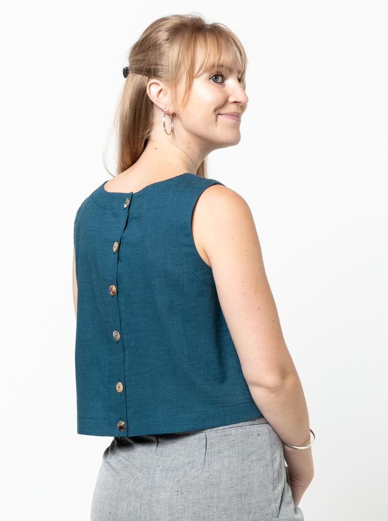 Bonnie Woven Tops By Style Arc - Two top options in the one pattern. 1 - Sleeveless swing shape top with a cropped length. 2 - A square shaped drop shoulder and longer length top. Both tops feature a round neck and functional back opening.