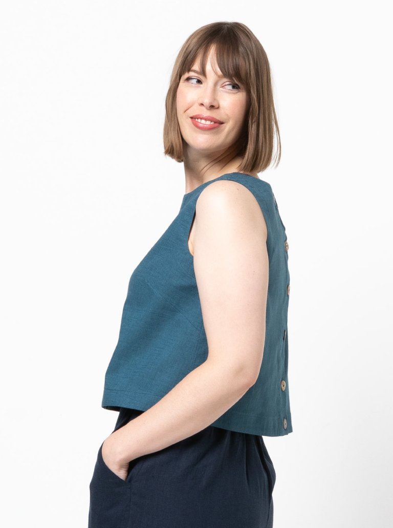 Bonnie Woven Tops By Style Arc - Two top options in the one pattern. 1 - Sleeveless swing shape top with a cropped length. 2 - A square shaped drop shoulder and longer length top. Both tops feature a round neck and functional back opening.
