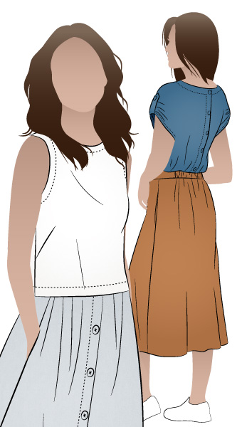 Bonnie Woven Tops By Style Arc - Two top options in the one pattern - 1: Sleeveless swing shape top with a cropped length. 2: A square shaped drop shoulder and longer length top. Both tops feature a round neck and functional back opening.