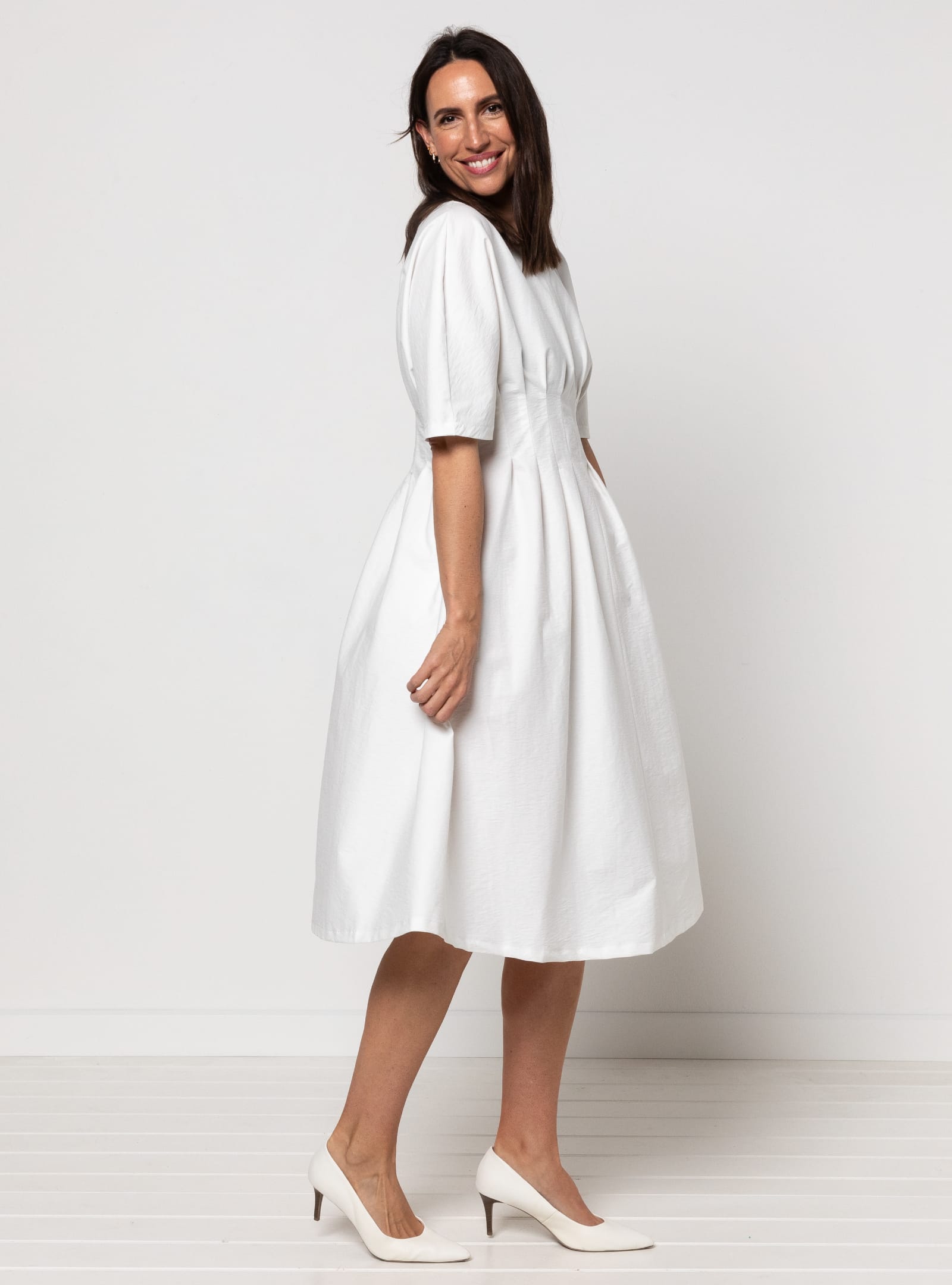Bronte Woven Dress By Style Arc - Fitted dress with round or V neckline options and beautiful waist pleat detail