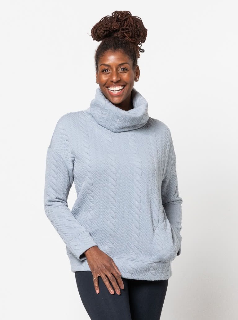 Brooklyn Knit Top Sewing Pattern By Style Arc - Cosy big roll neck sweater type top with extended shoulders, pockets and bands