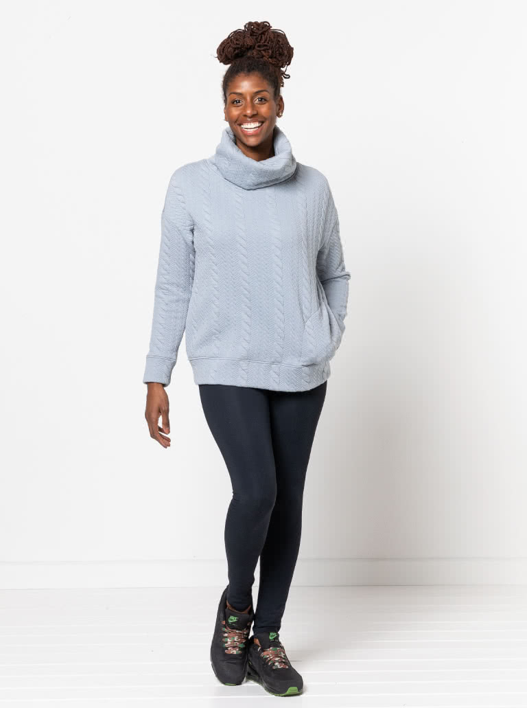 Brooklyn Knit Top Sewing Pattern By Style Arc - Cosy big roll neck sweater type top with extended shoulders, pockets and bands