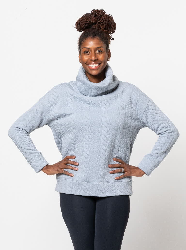 Brooklyn Knit Top Sewing Pattern By Style Arc - Cosy big roll neck sweater type top with extended shoulders, pockets and bands