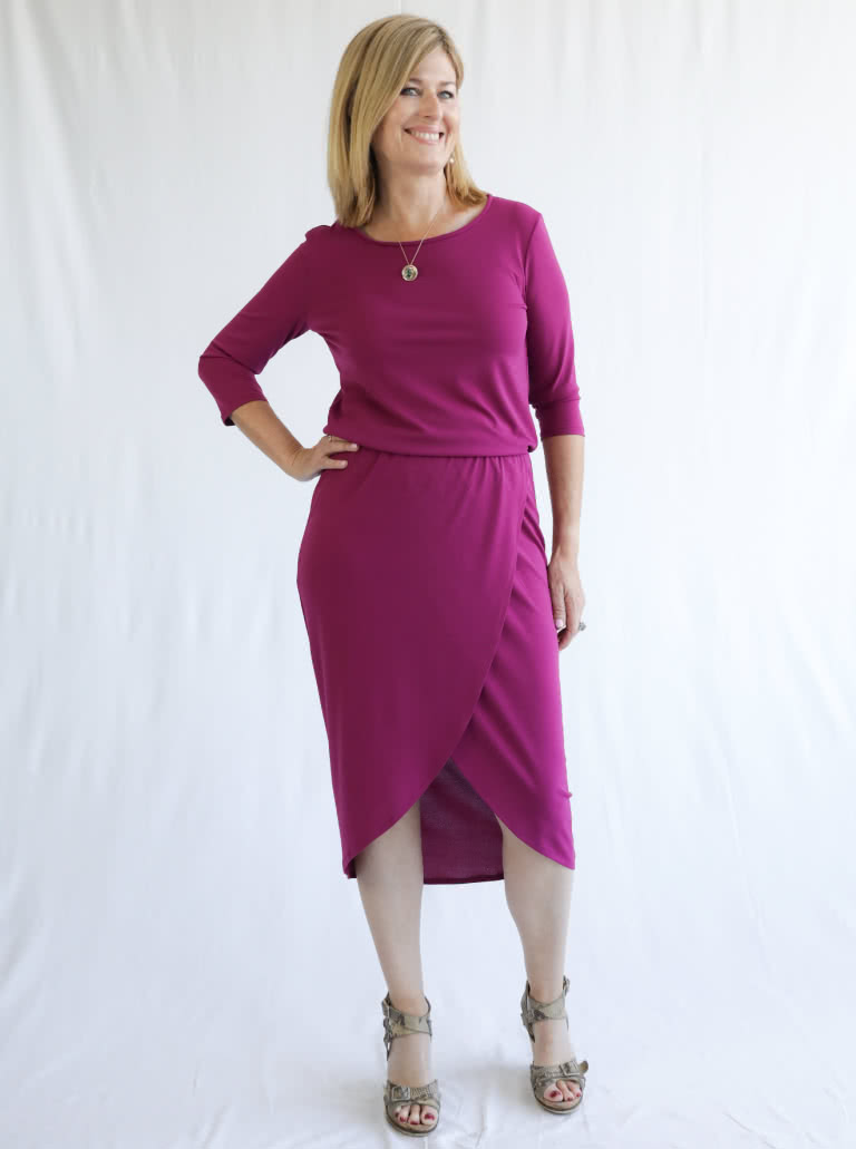 Cameron Dress Sewing Pattern By Style Arc - On trend pull-on dress with an elastic waist, wrap skirt and interesting hemline