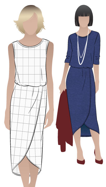 Cameron Dress By Style Arc - On trend pull-on dress with an elastic waist, wrap skirt and interesting hemline