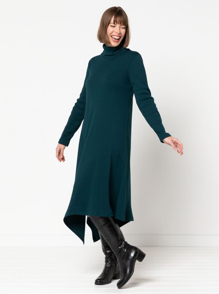 Camile Knit Dress By Style Arc - Knit, pull on dress with a high neck, long sleeves with an asymmetrical hemline.