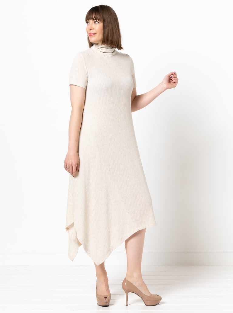 Camile Knit Dress By Style Arc - Knit, pull on dress with a high neck, long sleeves with an asymmetrical hemline.