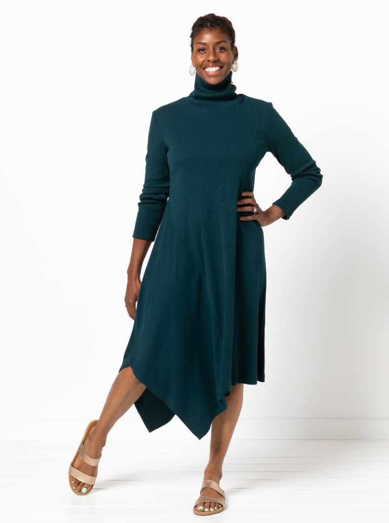 Camile Knit Dress By Style Arc - Knit, pull on dress with a high neck, long sleeves with an asymmetrical hemline.