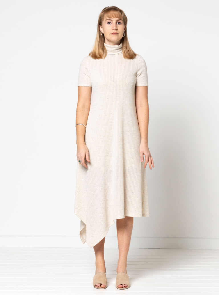 Camile Knit Dress By Style Arc - Knit, pull on dress with a high neck, long sleeves with an asymmetrical hemline.