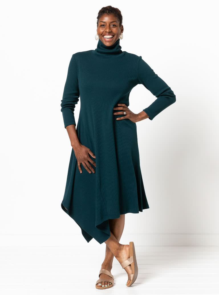 Camile Knit Dress By Style Arc - Knit, pull on dress with a high neck, long sleeves with an asymmetrical hemline.