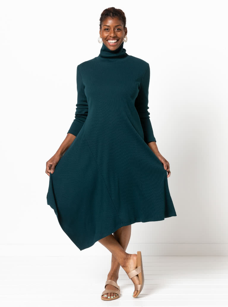 Camile Knit Dress By Style Arc - Knit, pull on dress with a high neck, long sleeves with an asymmetrical hemline.