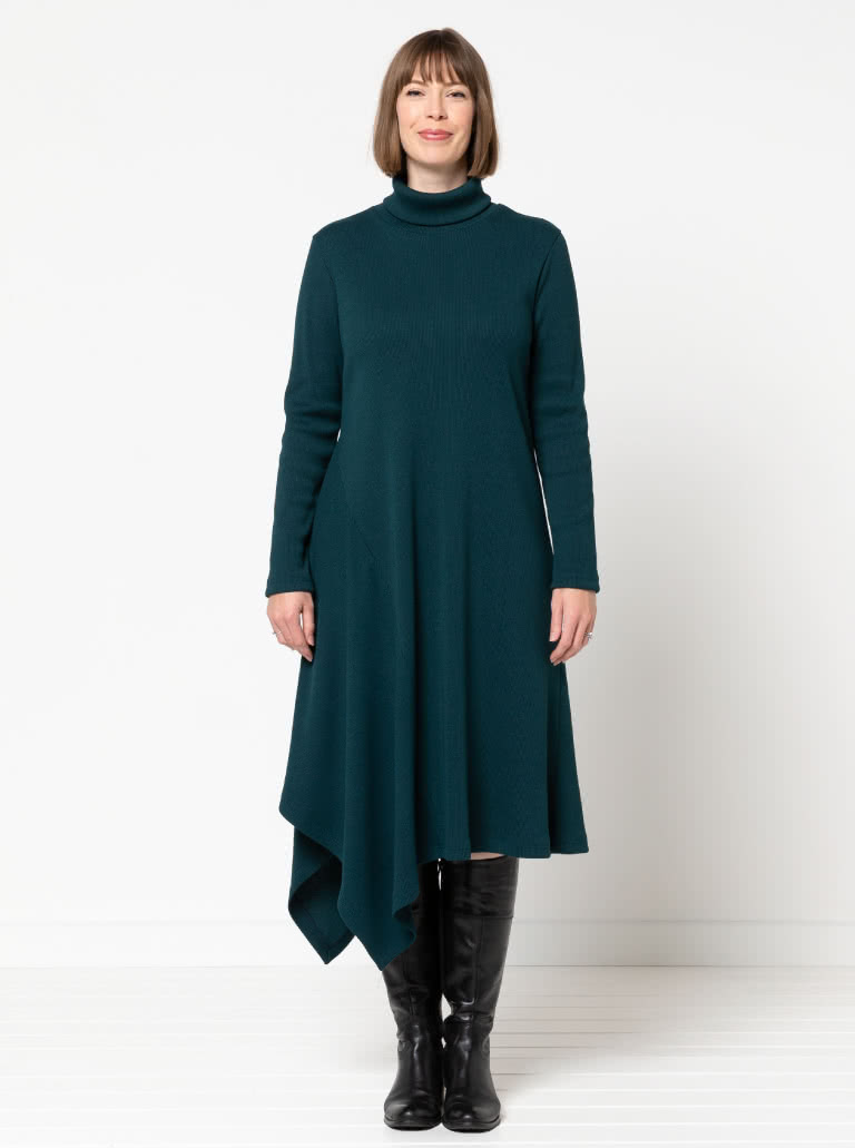 Camile Knit Dress By Style Arc - Knit, pull on dress with a high neck, long sleeves with an asymmetrical hemline.