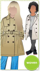 Camille Kids Trench By Style Arc - Option 1. Double breasted Trench coat with gathered skirt, belt and hood for kids 2-14. Option 2. Double breasted Trench coat straight through body, belt and hood for kids 2-14