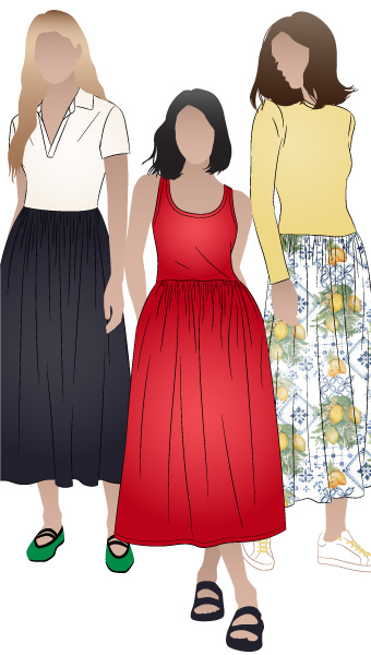 Carter Dress By Style Arc - Mid-calf length dress features a knit bodice with various necklines and sleeve length options, paired with a skirt in either knit or woven fabric.