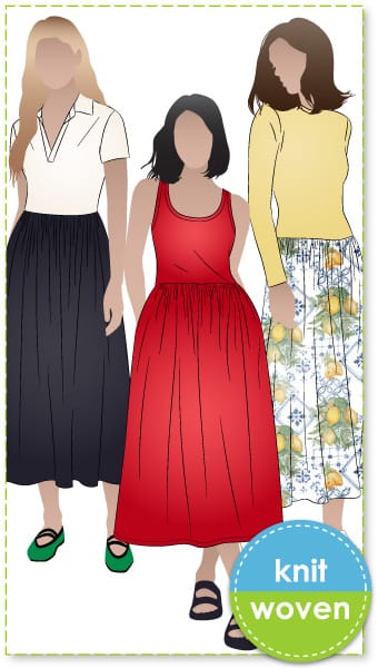 Carter Dress By Style Arc - Mid-calf length dress features a knit bodice with various necklines and sleeve length options, paired with a skirt in either knit or woven fabric.