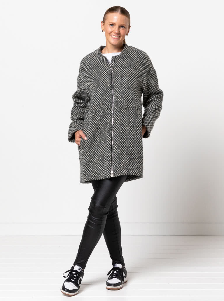 Casey Coat Sewing Pattern By Style Arc - Three quarter length slight cocoon shaped coat with a zip front opening