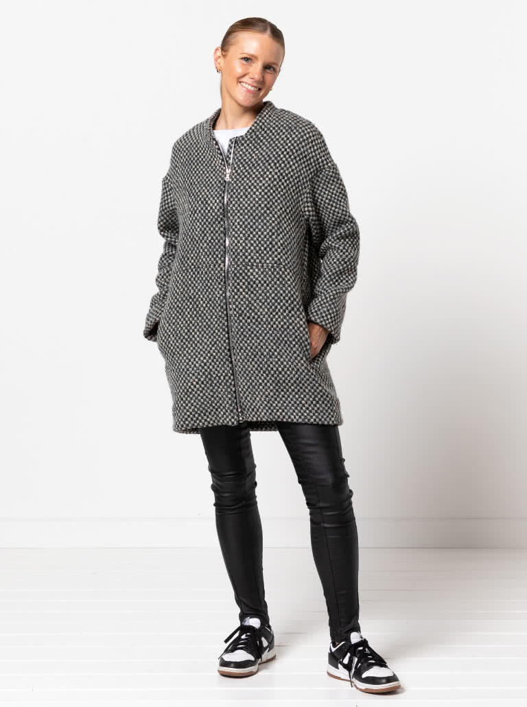 Casey Coat Sewing Pattern By Style Arc - Three quarter length slight cocoon shaped coat with a zip front opening