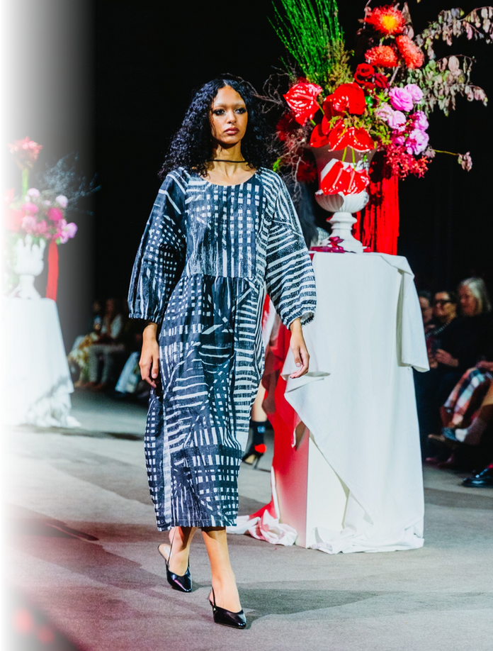 Lisa Waup’s blue and white printed linen on the Melbourne Fashion Week runway.