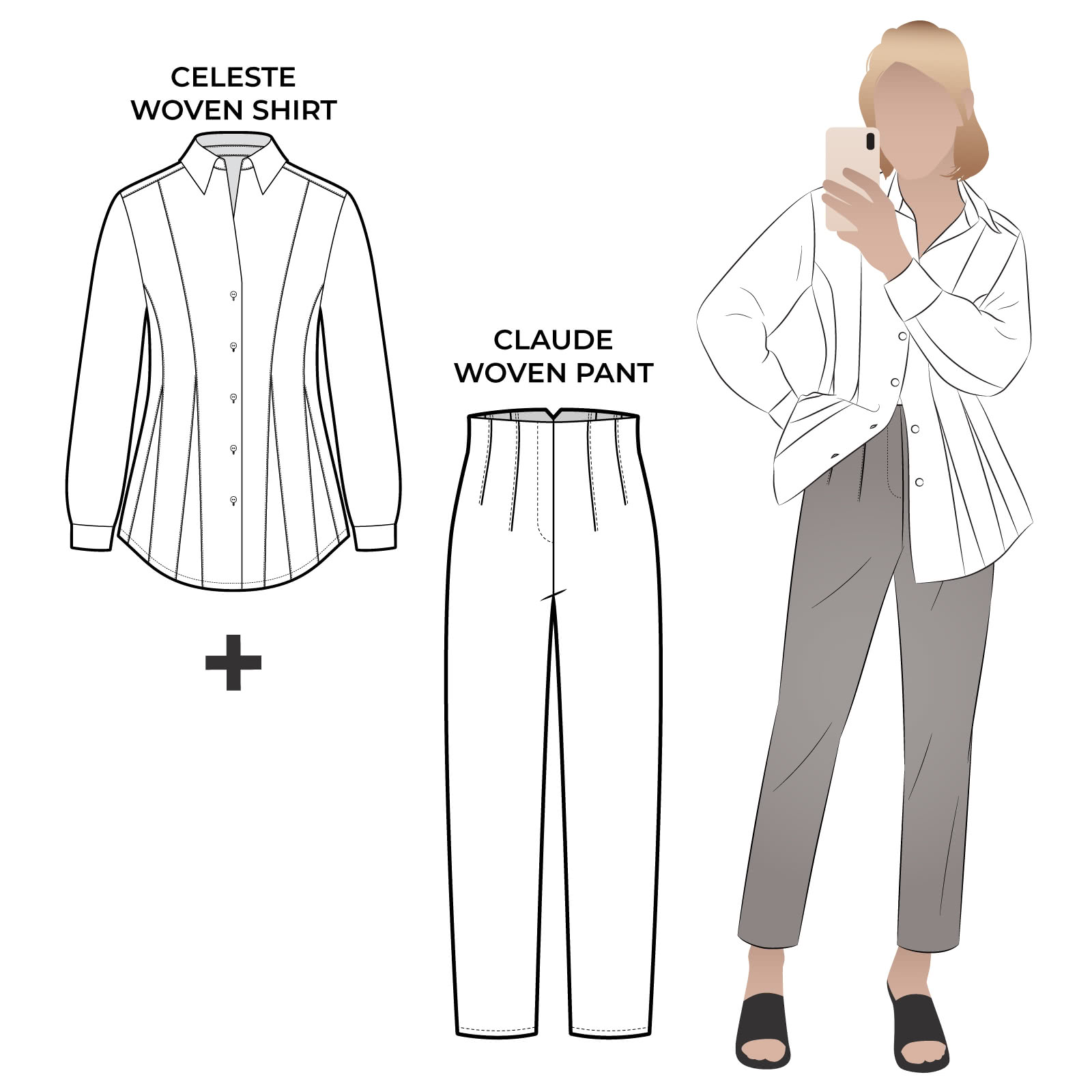Celeste Woven Shirt + Claude Woven Pant Sewing Pattern Bundle By Style Arc - Shirt and pant pattern bundle inspired by tailored elegance.
